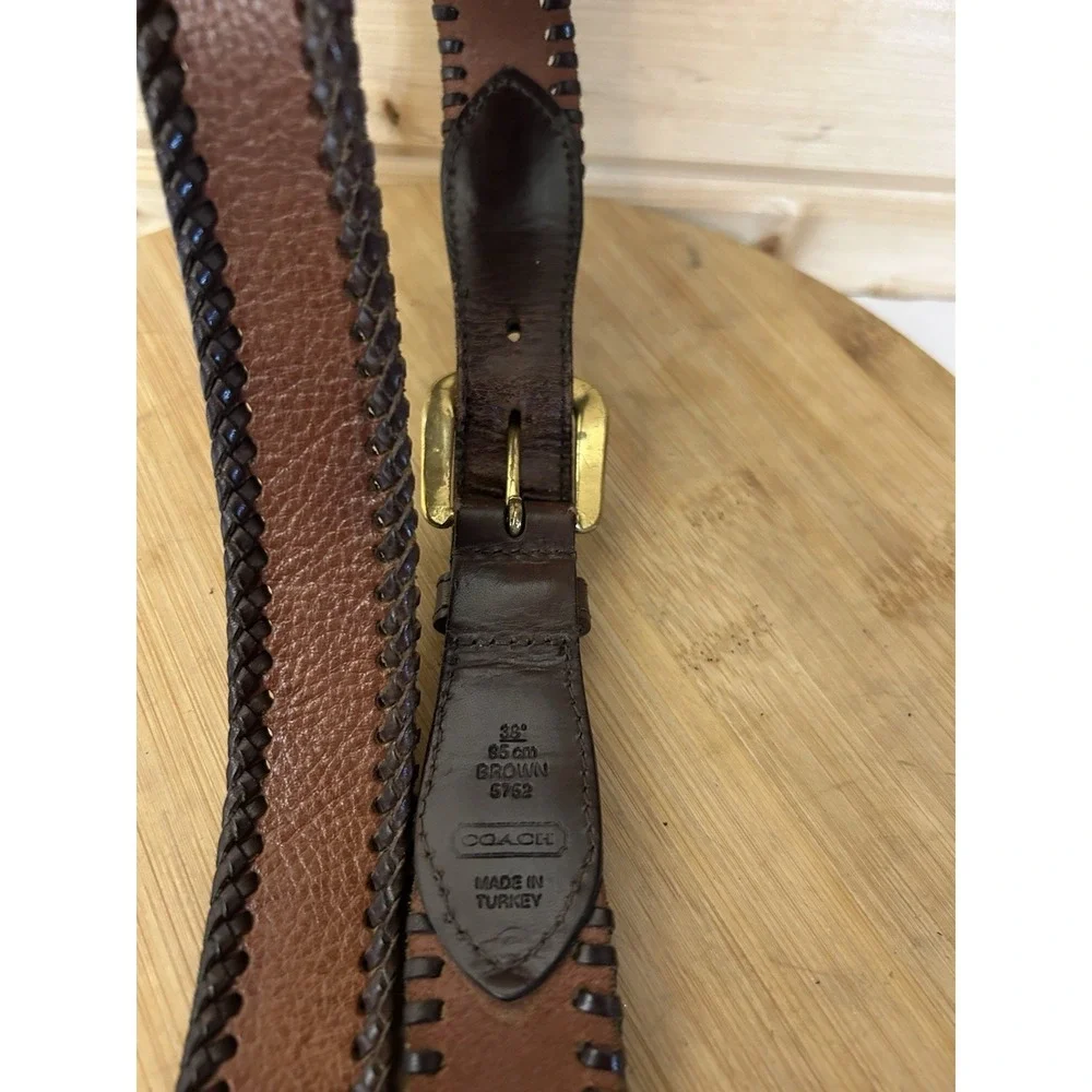 VTG Coach Men's Brown #5752 Leather Belt Size 38‎ Braided Edge Brass Buckle